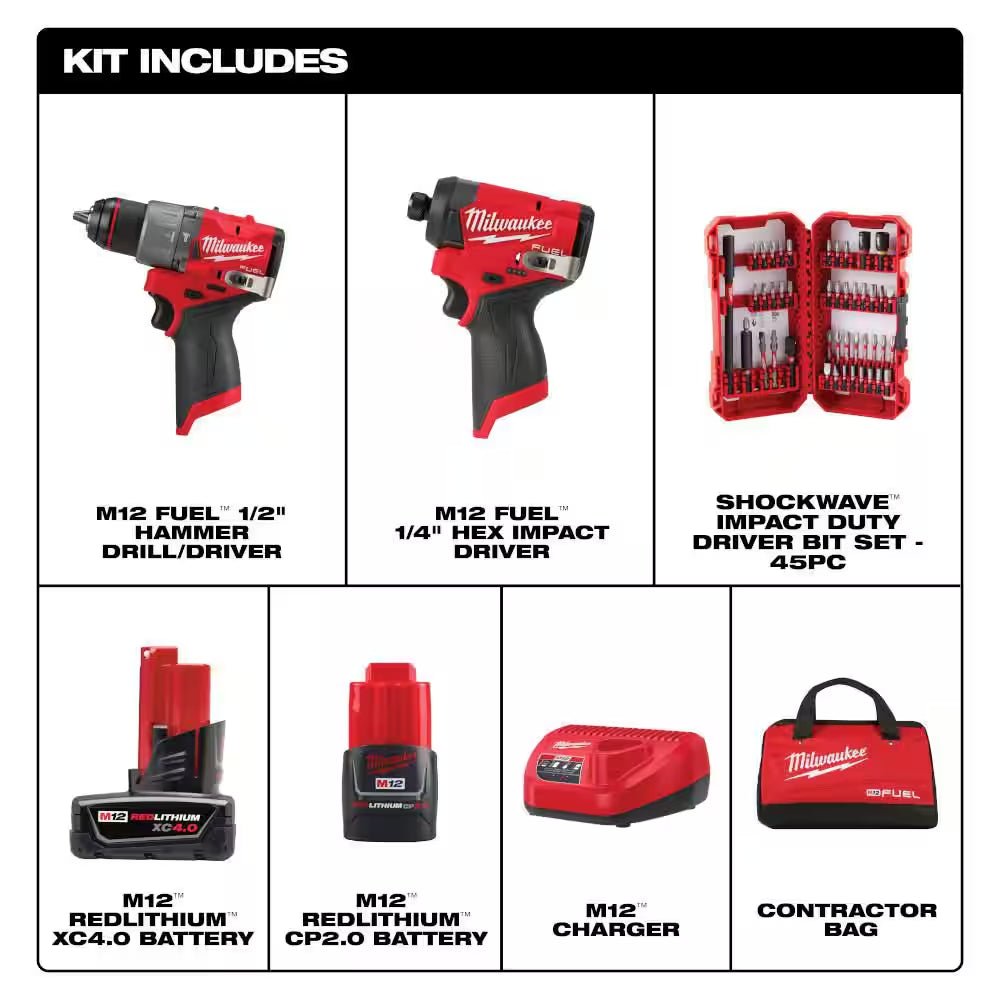 M12 FUEL 12-Volt Lithium-Ion Brushless Cordless Hammer Drill & Impact Driver Combo Kit (2-Tool) with Bit Set (45-Piece) - Quality products
