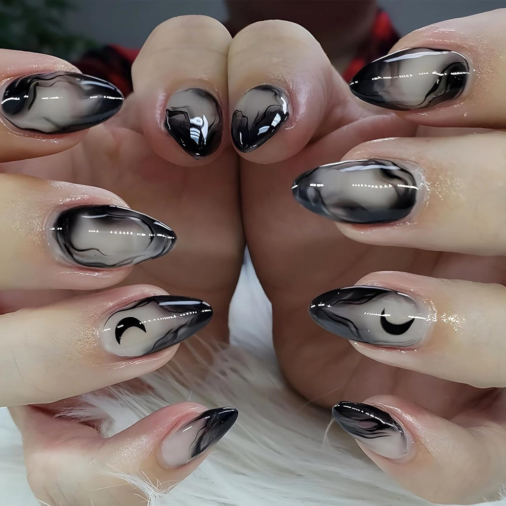 Press on Nails - Medium Almond Glue on Nails with Goth Black, Acrylic Gothic Moon Design 24 Pcs - Quality products