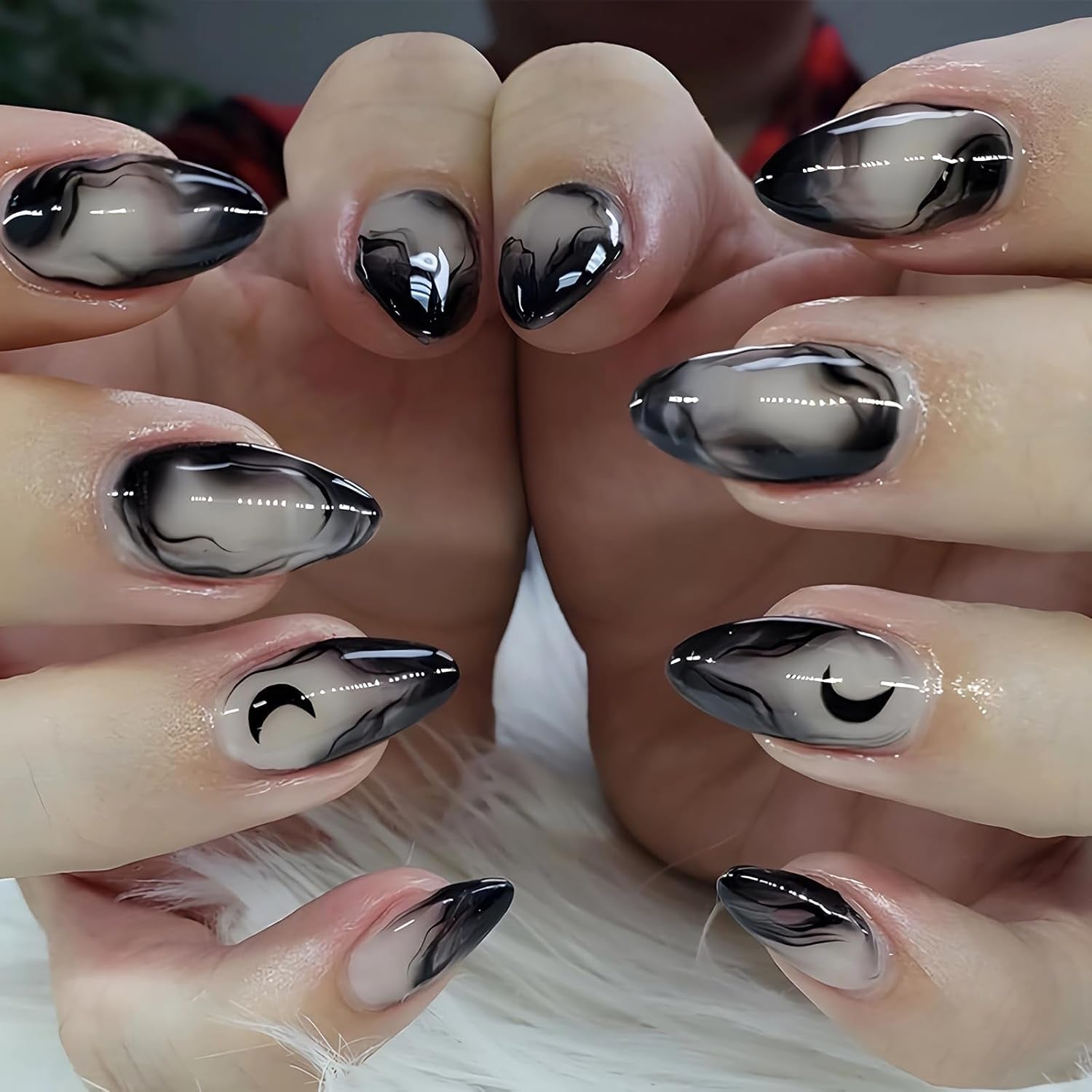 Press on Nails - Medium Almond Glue on Nails with Goth Black, Acrylic Gothic Moon Design 24 Pcs - Quality products