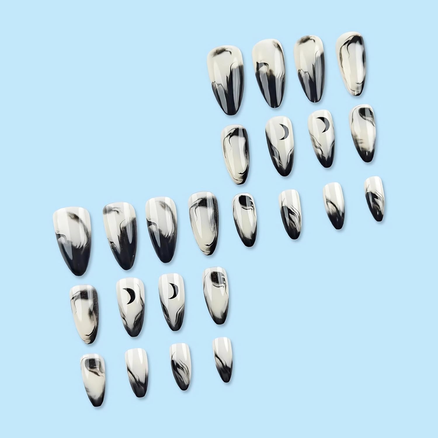 Press on Nails - Medium Almond Glue on Nails with Goth Black, Acrylic Gothic Moon Design 24 Pcs - Quality products