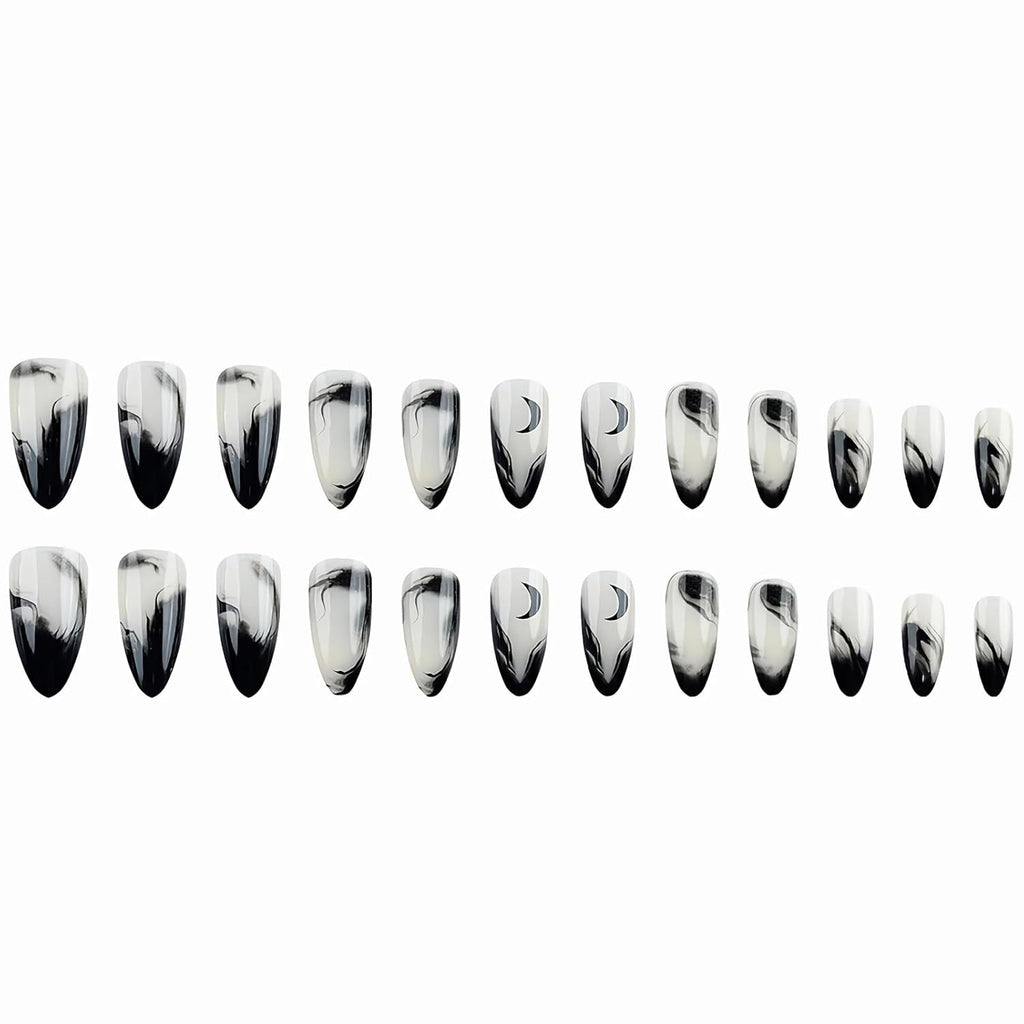 Press on Nails - Medium Almond Glue on Nails with Goth Black, Acrylic Gothic Moon Design 24 Pcs - Quality products