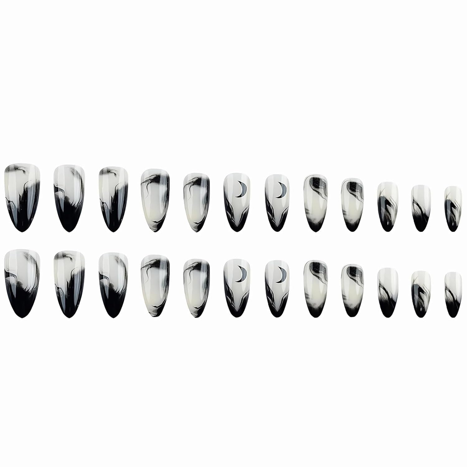 Press on Nails - Medium Almond Glue on Nails with Goth Black, Acrylic Gothic Moon Design 24 Pcs - Quality products