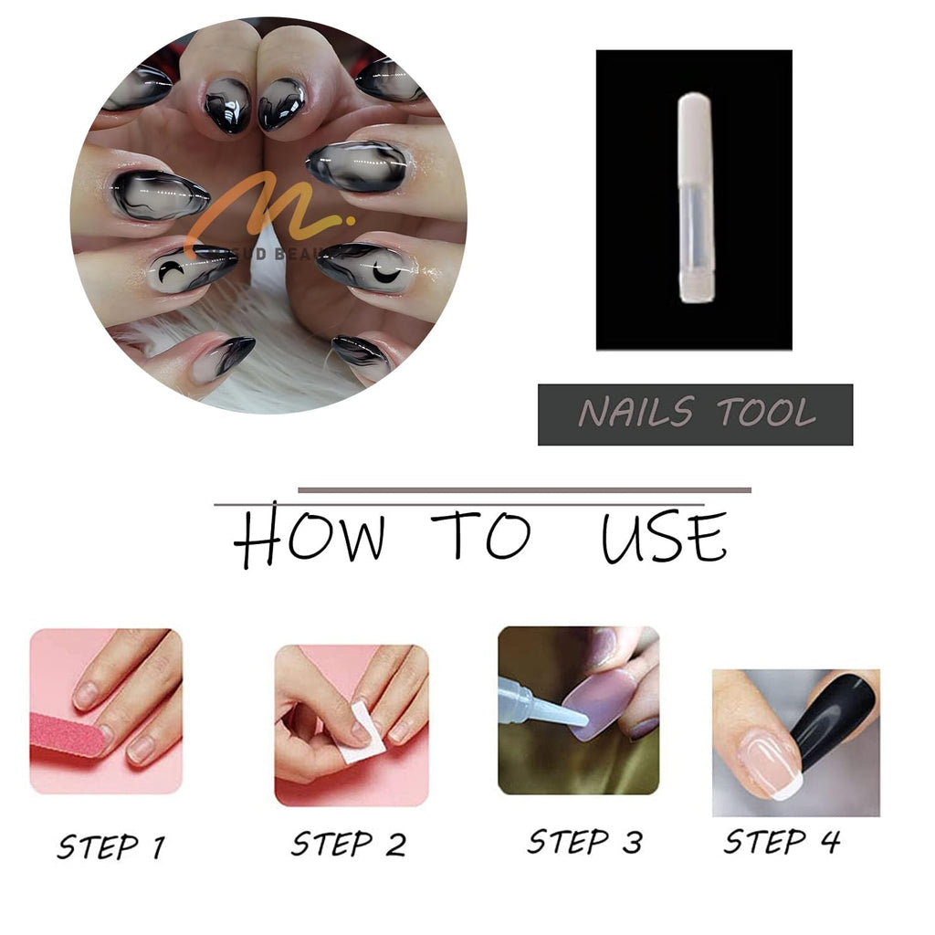 Press on Nails - Medium Almond Glue on Nails with Goth Black, Acrylic Gothic Moon Design 24 Pcs - Quality products